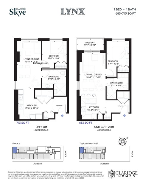 Floor plan for 1 bed, 1 bath, 683 sqft